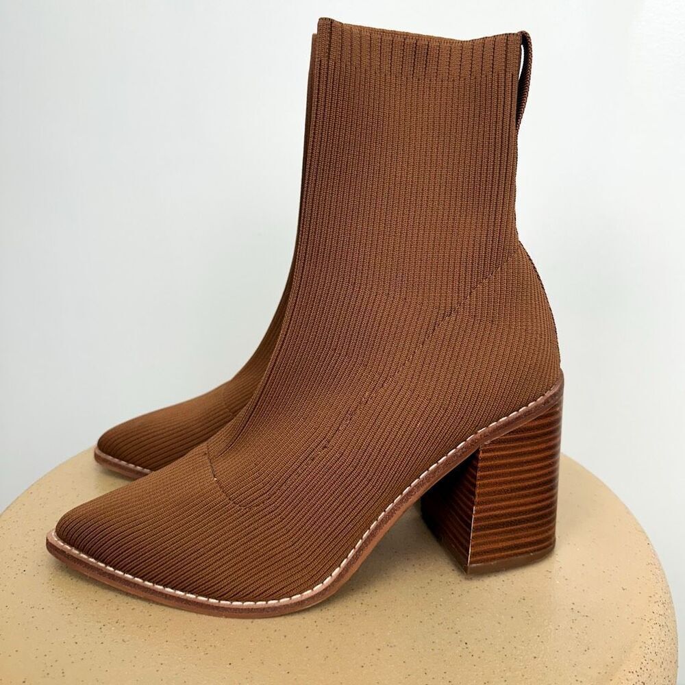 Steven by Steve Madden Women’s Nixie Cognac Brown Knit Point Toe Mid Calf Block